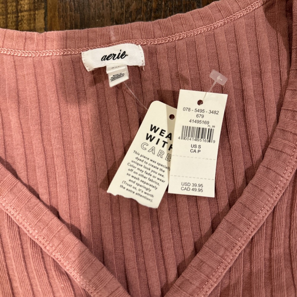 Aerie Cropped Ribbed Fitted Button Up Pink Cardigan Womens Size Small S NWT - Picture 2 of 4